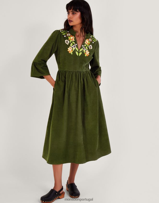 roupas vestido floral bordado Monsoon mulheres verde RPLH8F35