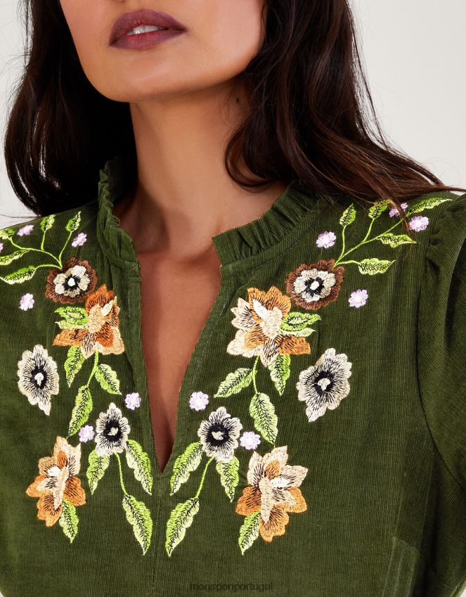 roupas vestido floral bordado Monsoon mulheres verde RPLH8F35
