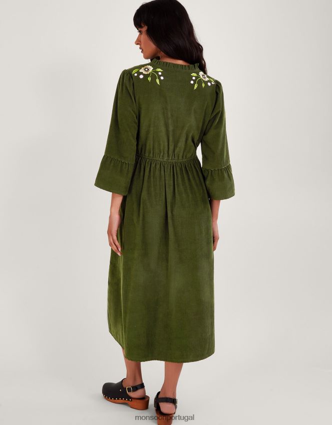 roupas vestido floral bordado Monsoon mulheres verde RPLH8F35