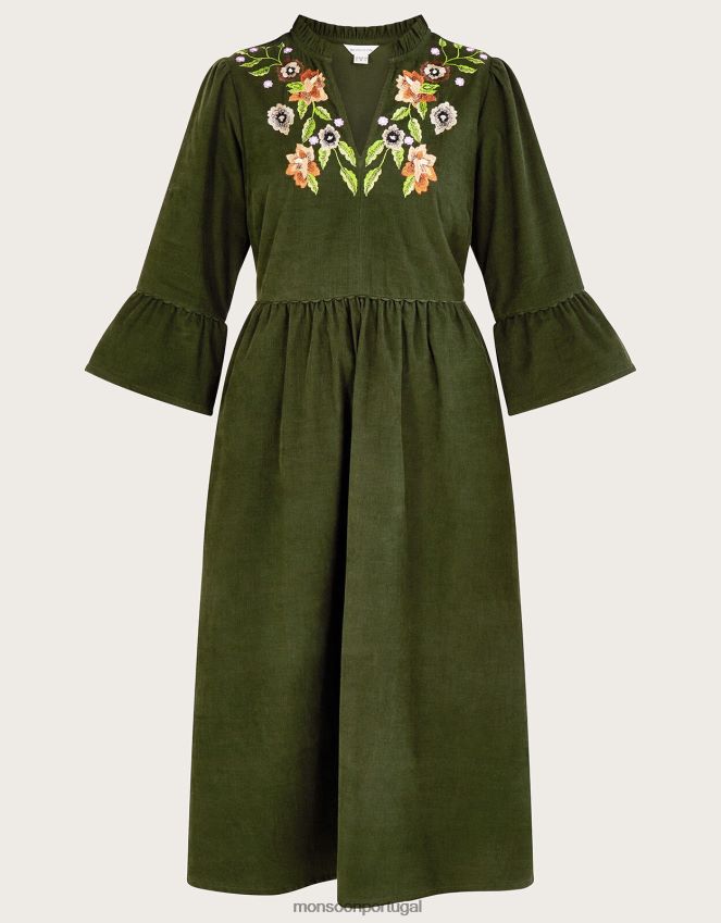 roupas vestido floral bordado Monsoon mulheres verde RPLH8F35