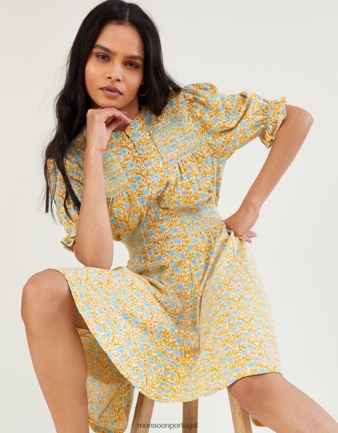 roupas vestido floral elegante Monsoon mulheres ocre amarelo) RPLH8F1018