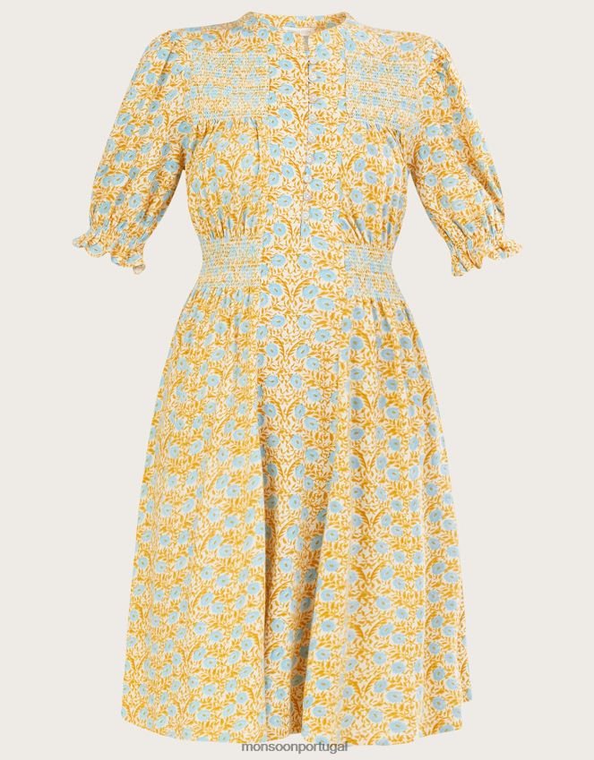 roupas vestido floral elegante Monsoon mulheres ocre amarelo) RPLH8F1018