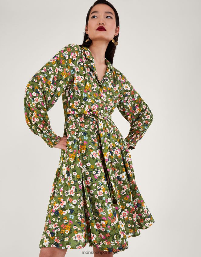 roupas vestido floral elegante Monsoon mulheres verde RPLH8F14
