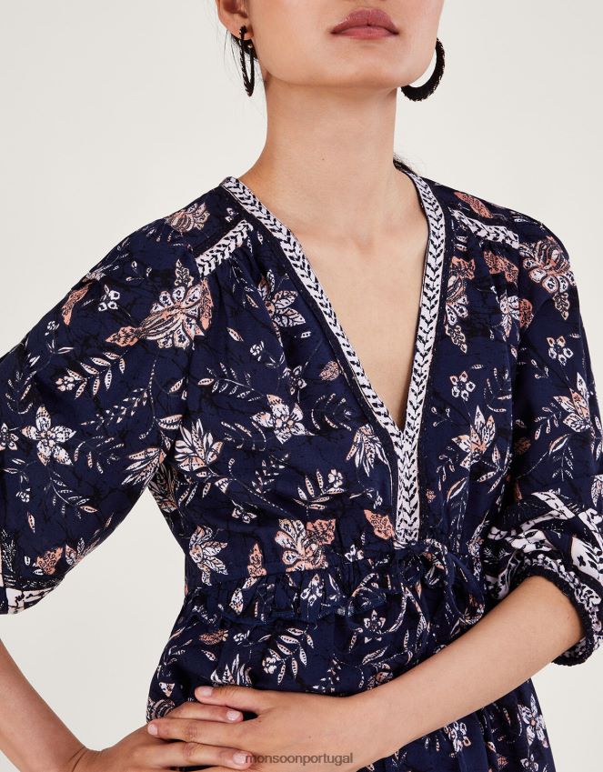 roupas vestido floral no joelho Monsoon mulheres azul-marinho) RPLH8F23