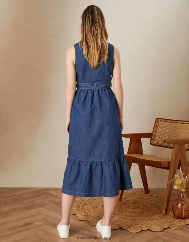 roupas vestido jeans de cânhamo sem mangas em camadas Monsoon mulheres azul (azul jeans) RPLH8F786