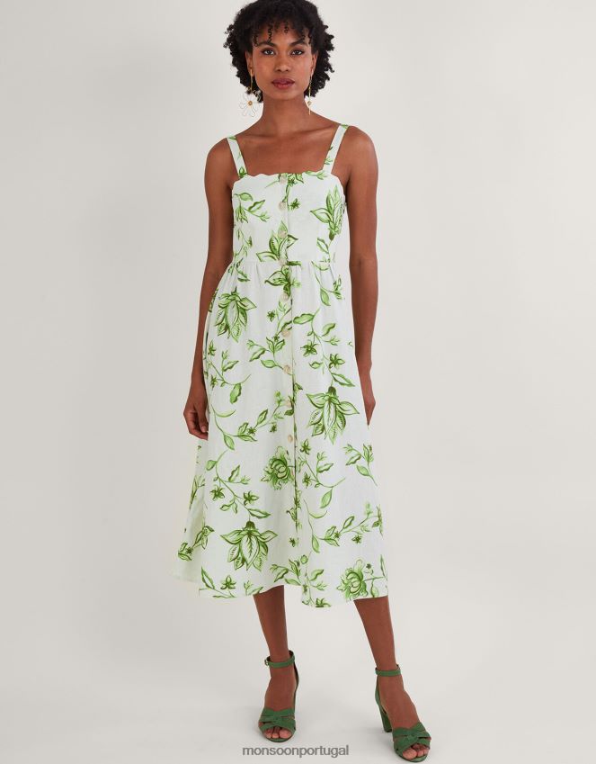 roupas vestido kai com estampa floral em mistura de linho Monsoon mulheres marfim RPLH8F583