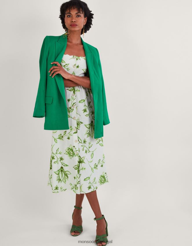 roupas vestido kai com estampa floral em mistura de linho Monsoon mulheres marfim RPLH8F583