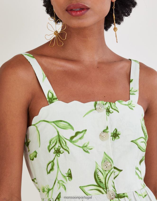 roupas vestido kai com estampa floral em mistura de linho Monsoon mulheres marfim RPLH8F583