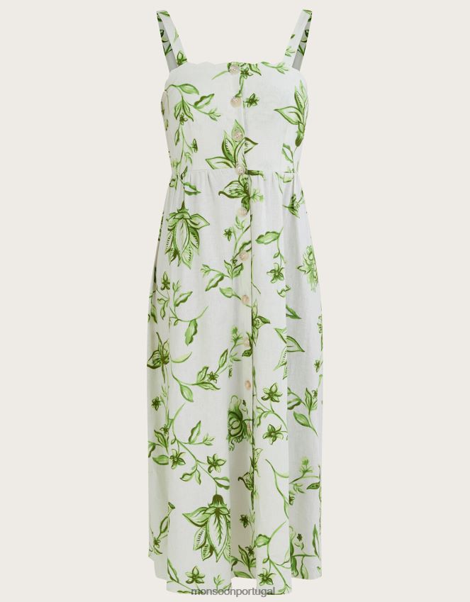 roupas vestido kai com estampa floral em mistura de linho Monsoon mulheres marfim RPLH8F583