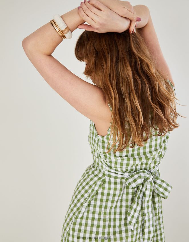 roupas vestido listrado com estampa xadrez Monsoon mulheres verde RPLH8F842