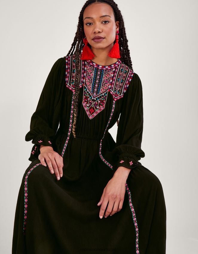 roupas vestido maxi bordado neon Monsoon mulheres preto RPLH8F10