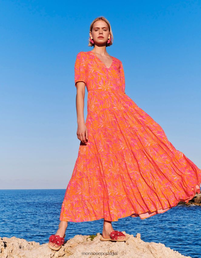 roupas vestido maxi com estampa de folhas em camadas Monsoon mulheres laranja RPLH8F248