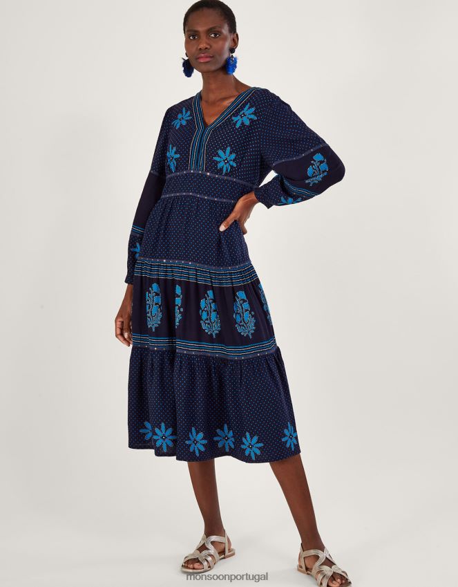 roupas vestido maxi estampado com pétalas Monsoon mulheres azul RPLH8F1017