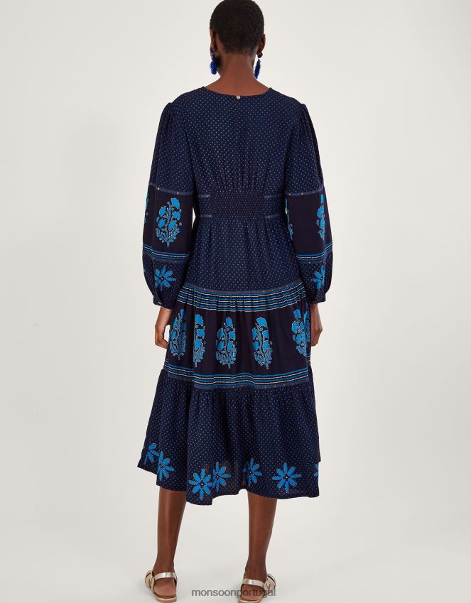 roupas vestido maxi estampado com pétalas Monsoon mulheres azul RPLH8F1017