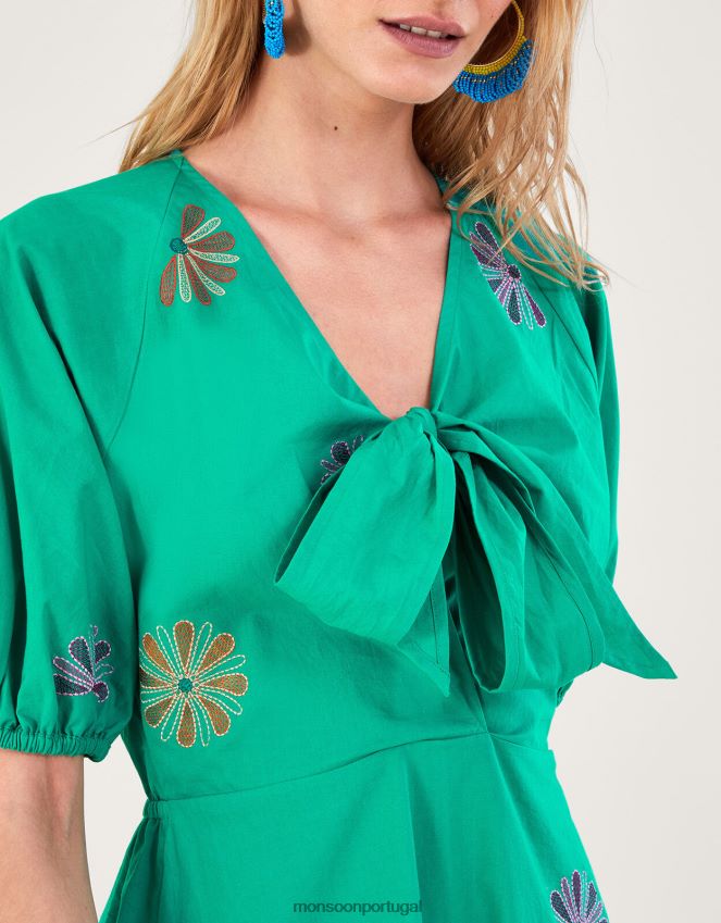roupas vestido midi bordado com flores Monsoon mulheres verde RPLH8F222