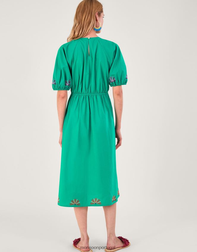 roupas vestido midi bordado com flores Monsoon mulheres verde RPLH8F222