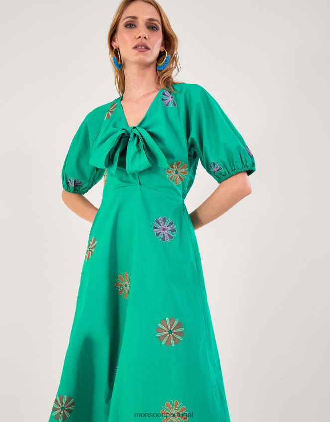 roupas vestido midi bordado com flores Monsoon mulheres verde RPLH8F222