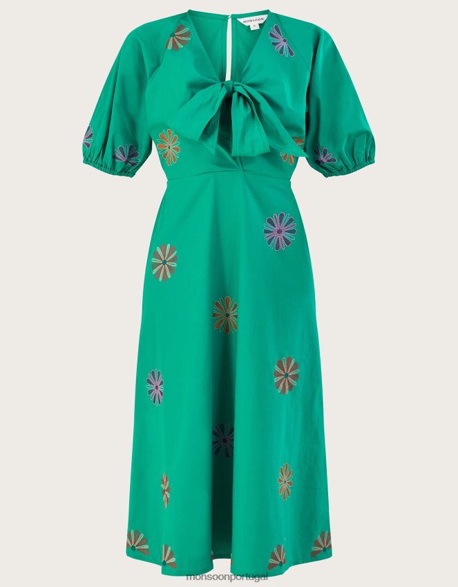 roupas vestido midi bordado com flores Monsoon mulheres verde RPLH8F222