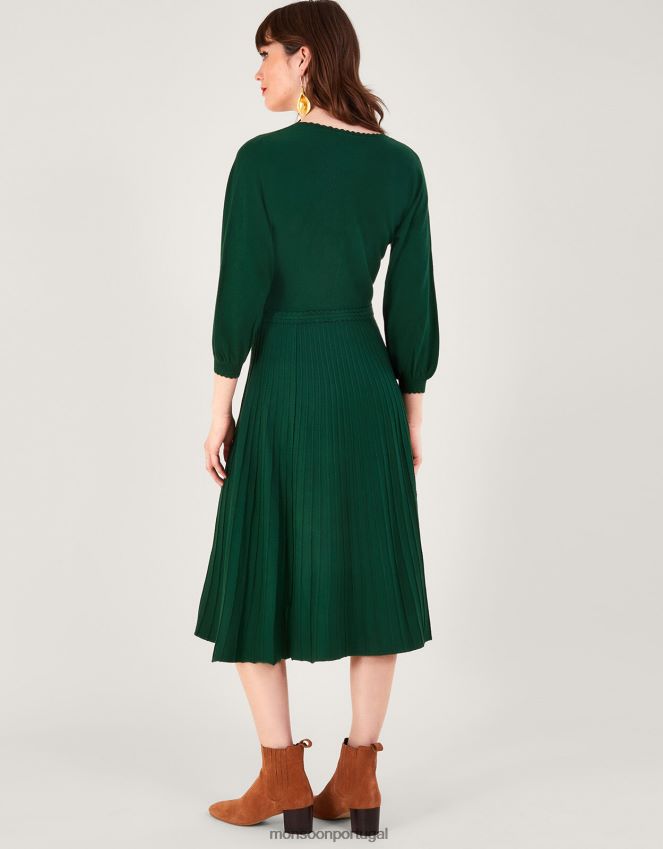 roupas vestido midi com decote em V e lençol ecovero Monsoon mulheres verde (verde escuro) RPLH8F118
