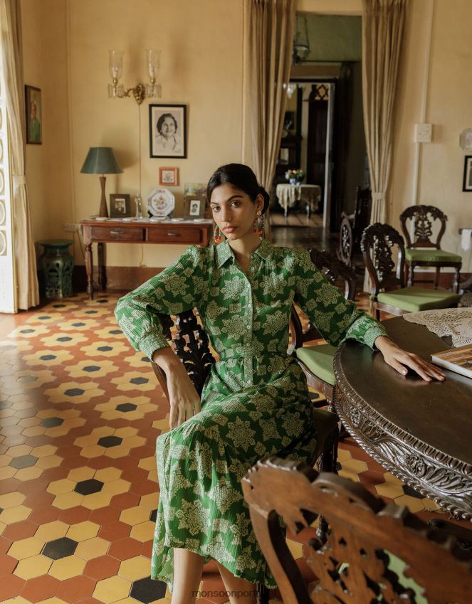 roupas vestido midi com estampa geométrica fernanda em lenzing ecovero Monsoon mulheres verde RPLH8F1014