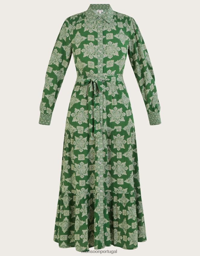 roupas vestido midi com estampa geométrica fernanda em lenzing ecovero Monsoon mulheres verde RPLH8F1014