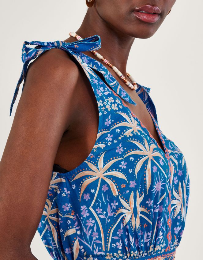 roupas vestido midi com estampa palma Monsoon mulheres azul RPLH8F851