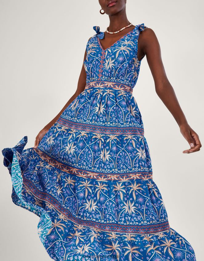 roupas vestido midi com estampa palma Monsoon mulheres azul RPLH8F851