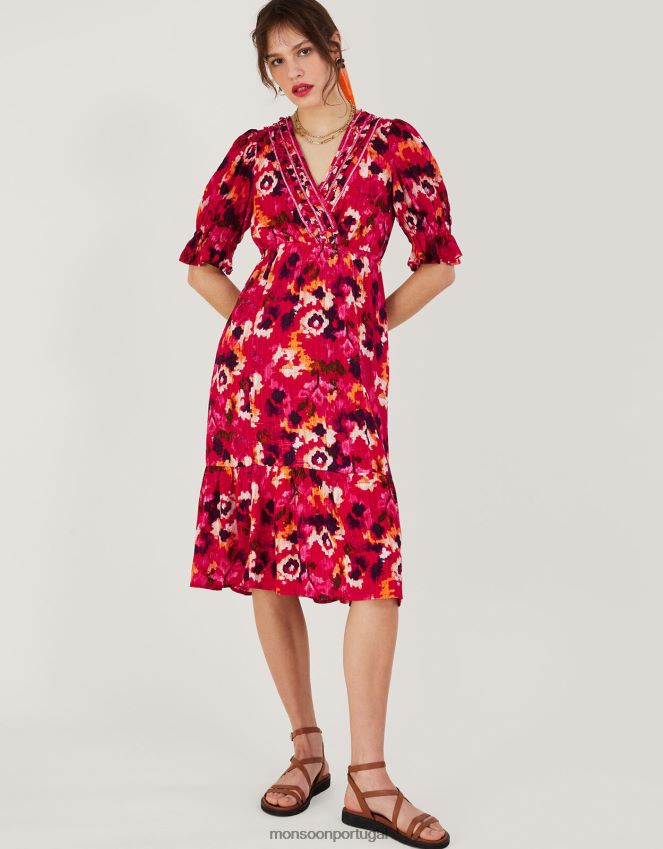 roupas vestido midi estampado com decote trançado em lenzing ecovero Monsoon mulheres vermelho RPLH8F490
