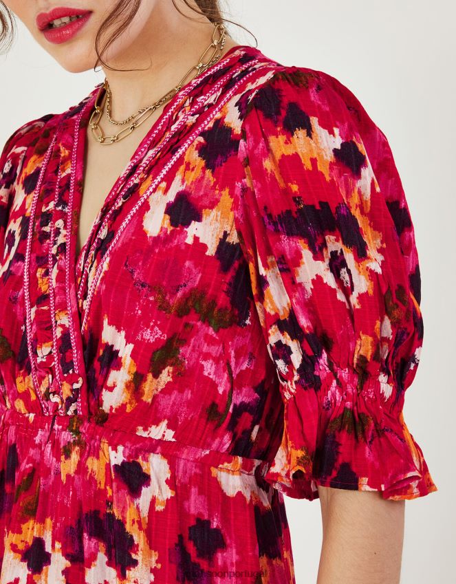 roupas vestido midi estampado com decote trançado em lenzing ecovero Monsoon mulheres vermelho RPLH8F490