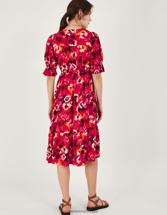 roupas vestido midi estampado com decote trançado em lenzing ecovero Monsoon mulheres vermelho RPLH8F490