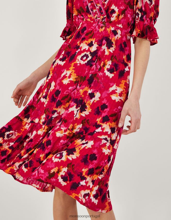 roupas vestido midi estampado com decote trançado em lenzing ecovero Monsoon mulheres vermelho RPLH8F490