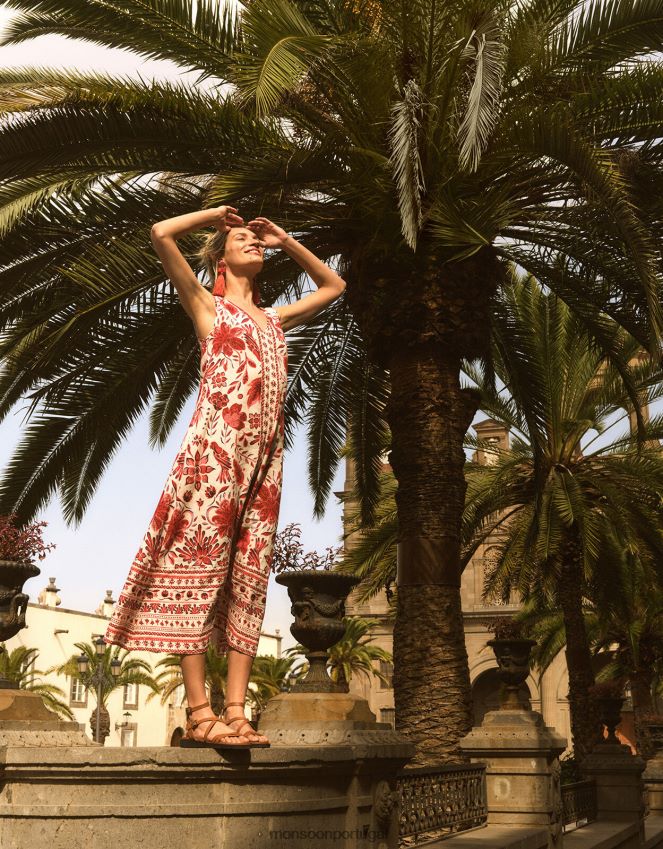 roupas vestido midi estampado em mescla de linho Monsoon mulheres vermelho RPLH8F759