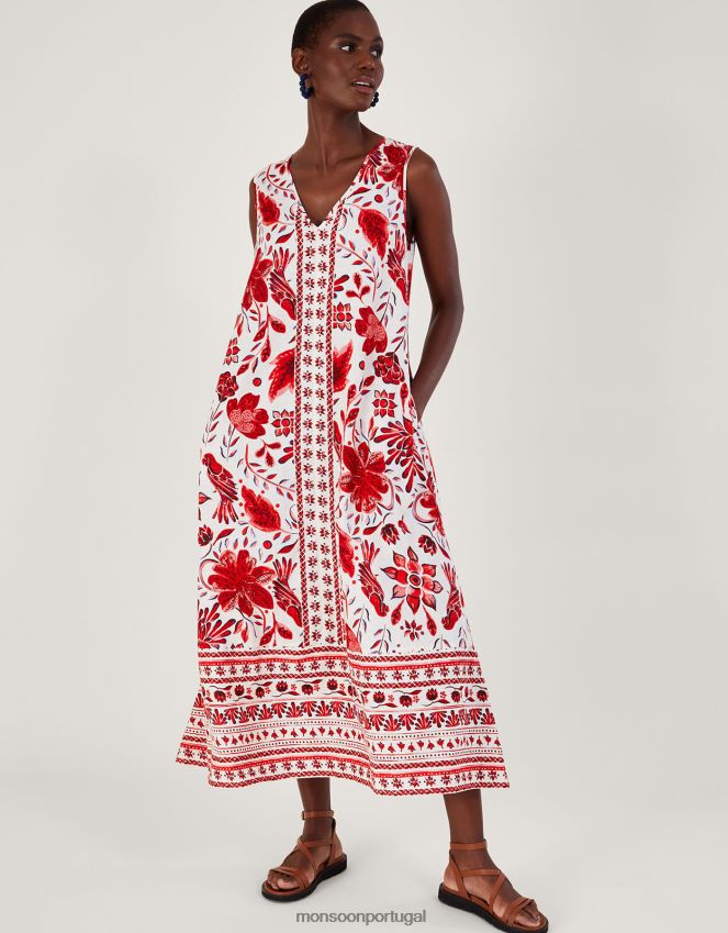 roupas vestido midi estampado em mescla de linho Monsoon mulheres vermelho RPLH8F759