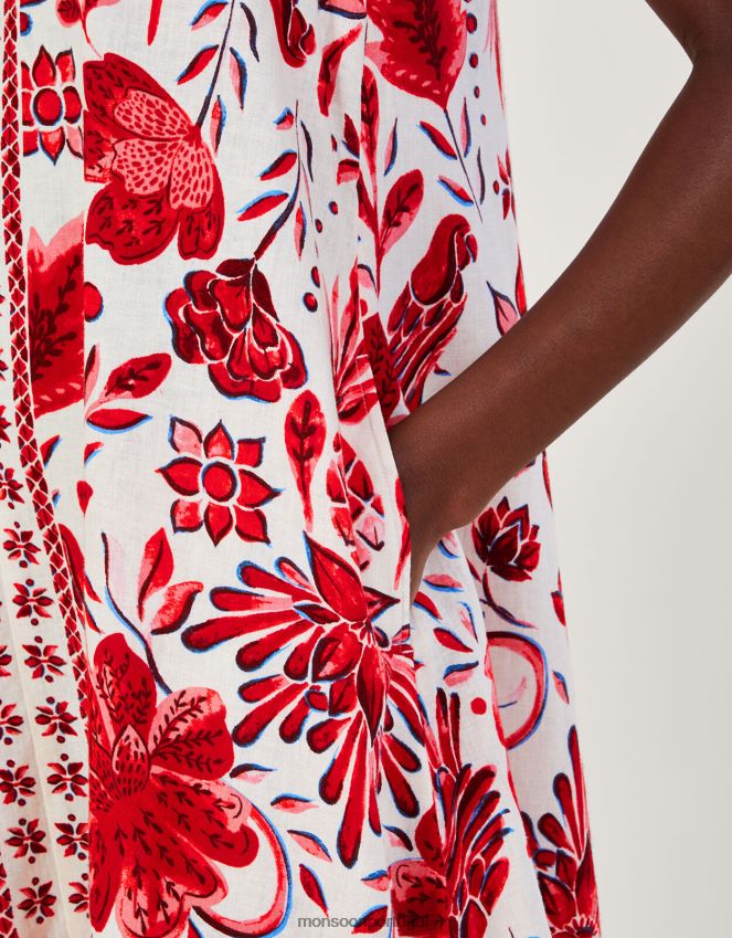 roupas vestido midi estampado em mescla de linho Monsoon mulheres vermelho RPLH8F759