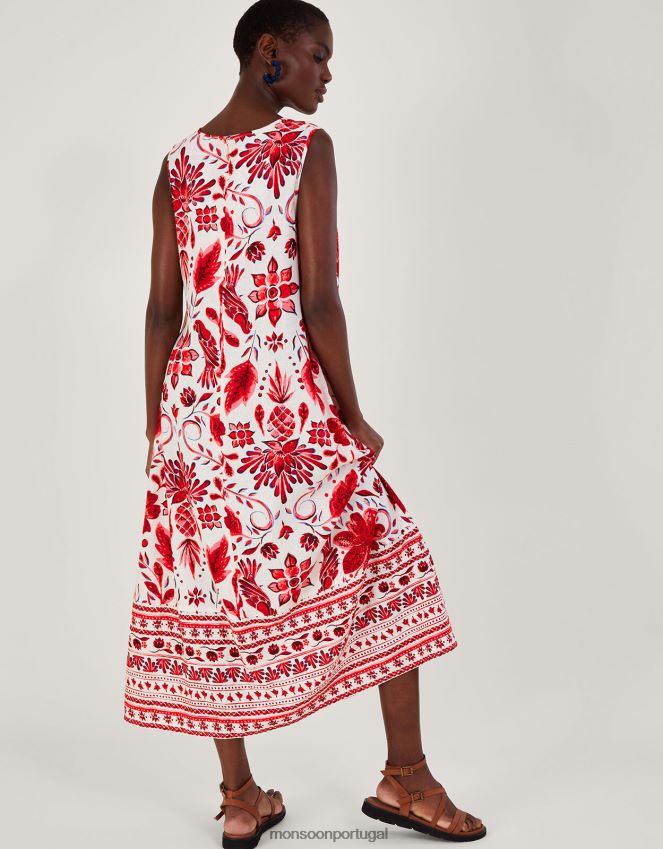roupas vestido midi estampado em mescla de linho Monsoon mulheres vermelho RPLH8F759