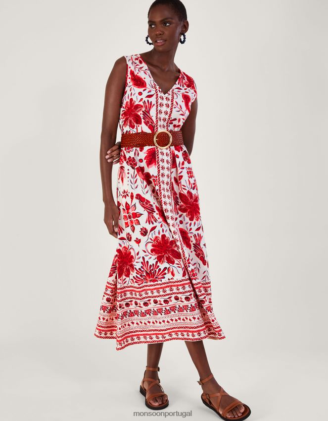roupas vestido midi estampado em mescla de linho Monsoon mulheres vermelho RPLH8F759