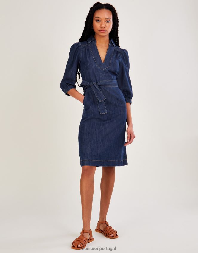 roupas vestido midi jeans com decote em V e cinto Monsoon mulheres azul (azul jeans) RPLH8F863