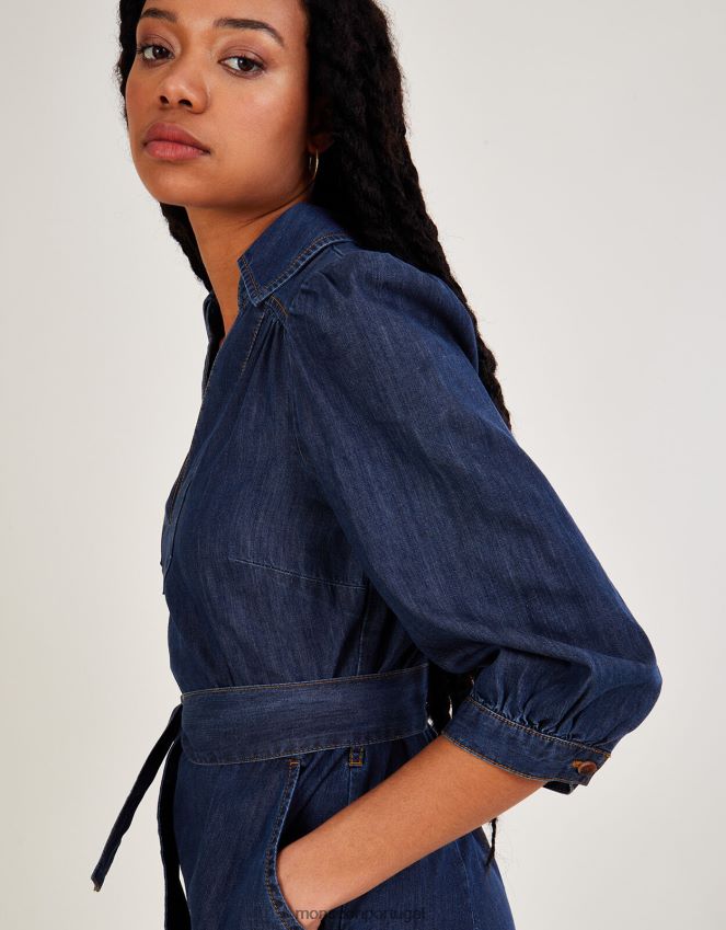 roupas vestido midi jeans com decote em V e cinto Monsoon mulheres azul (azul jeans) RPLH8F863