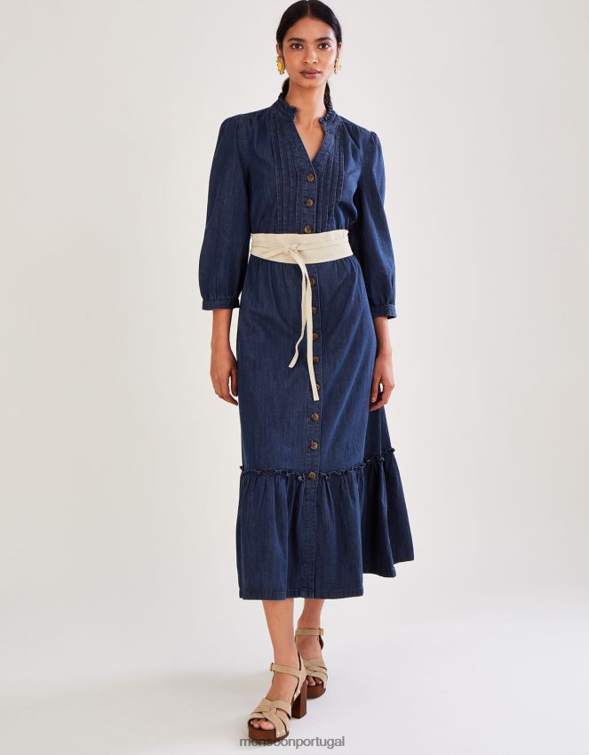 roupas vestido midi jeans pintuck em camadas Monsoon mulheres azul (azul jeans) RPLH8F831