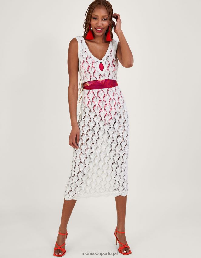 roupas vestido midi praia pointelle Monsoon mulheres marfim RPLH8F339