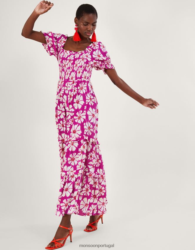 roupas vestido murtle com estampa xilogravura em viscose sustentável Monsoon mulheres rosa RPLH8F884