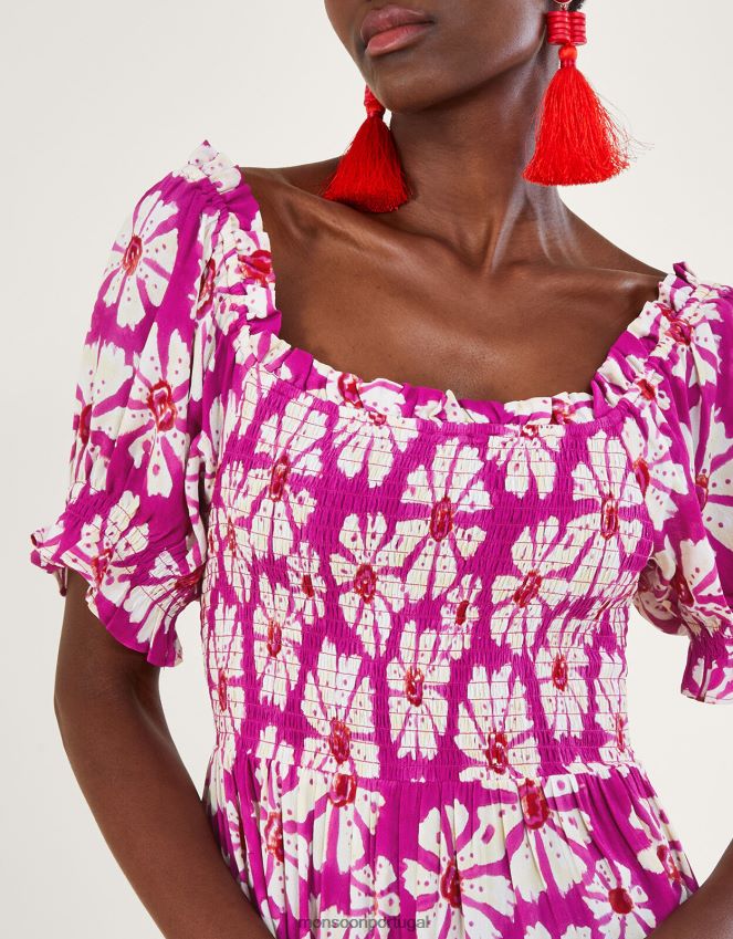 roupas vestido murtle com estampa xilogravura em viscose sustentável Monsoon mulheres rosa RPLH8F884