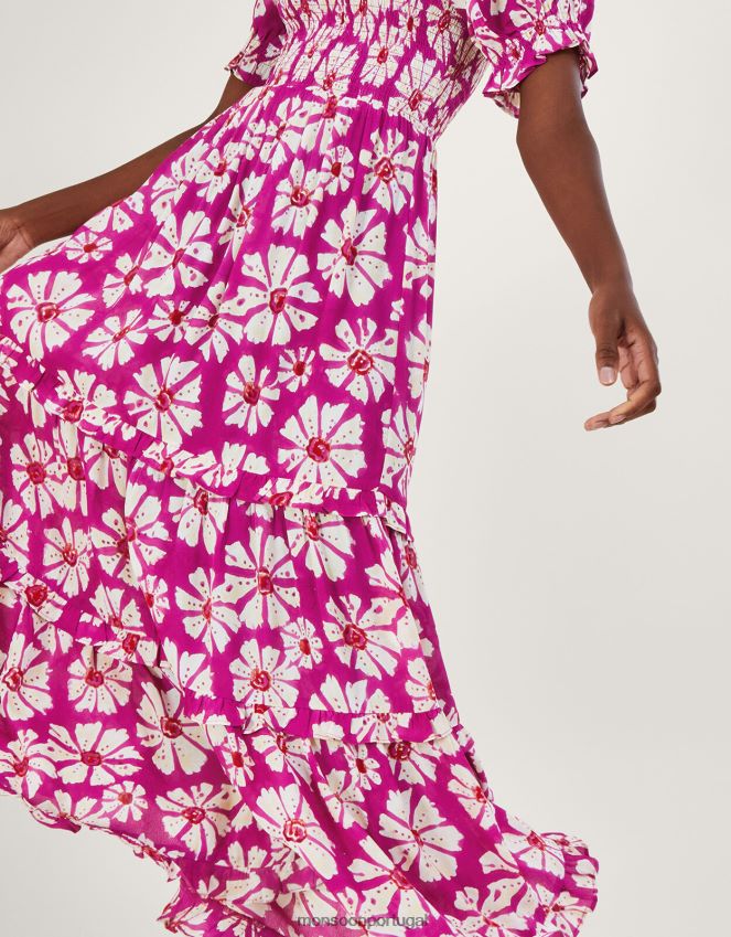 roupas vestido murtle com estampa xilogravura em viscose sustentável Monsoon mulheres rosa RPLH8F884