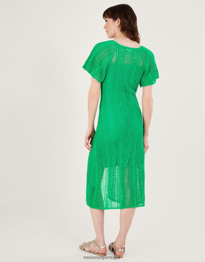 roupas vestido pointelle manga anjo com algodão sustentável Monsoon mulheres verde RPLH8F662