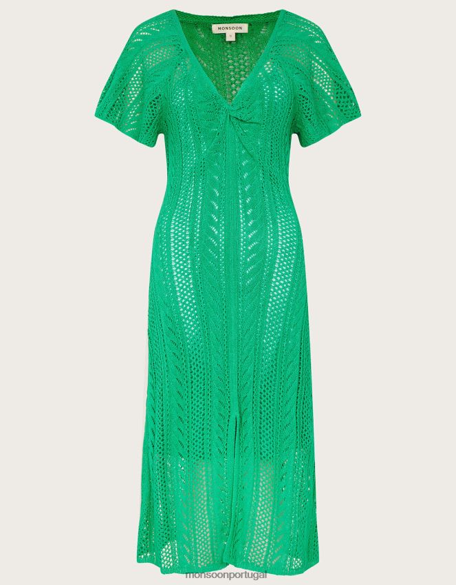 roupas vestido pointelle manga anjo com algodão sustentável Monsoon mulheres verde RPLH8F662