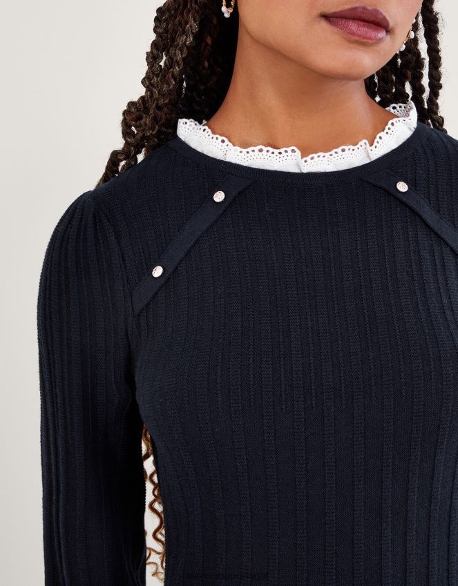 roupas vestido rodado com acabamento em renda Monsoon mulheres azul-marinho) RPLH8F63