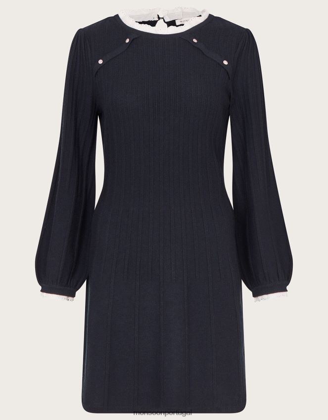 roupas vestido rodado com acabamento em renda Monsoon mulheres azul-marinho) RPLH8F63