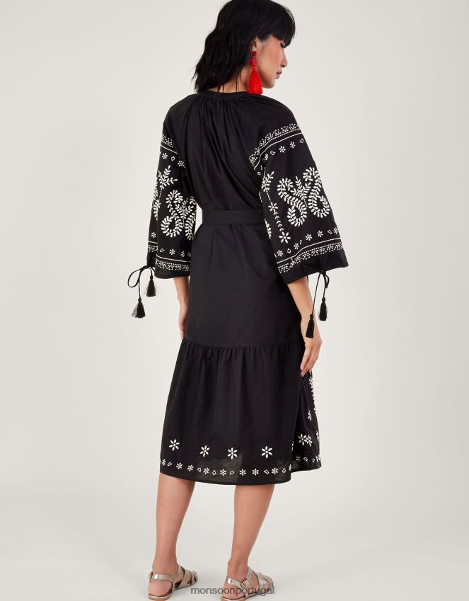 roupas vestido túnica midi bordado Monsoon mulheres preto RPLH8F973