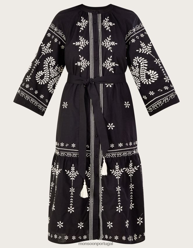 roupas vestido túnica midi bordado Monsoon mulheres preto RPLH8F973