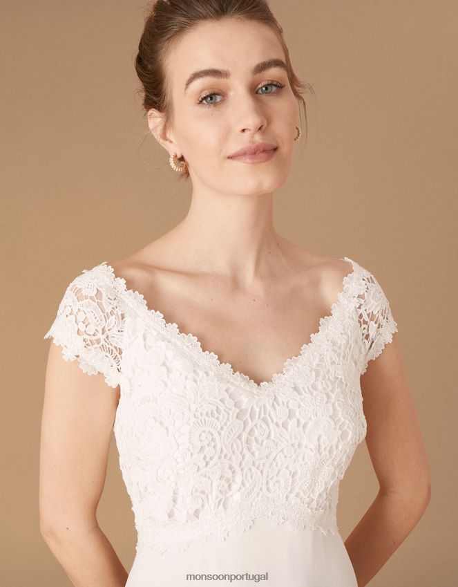 roupas vestido de noiva bardot com corpete de renda sloane Monsoon mulheres marfim RPLH8F1153